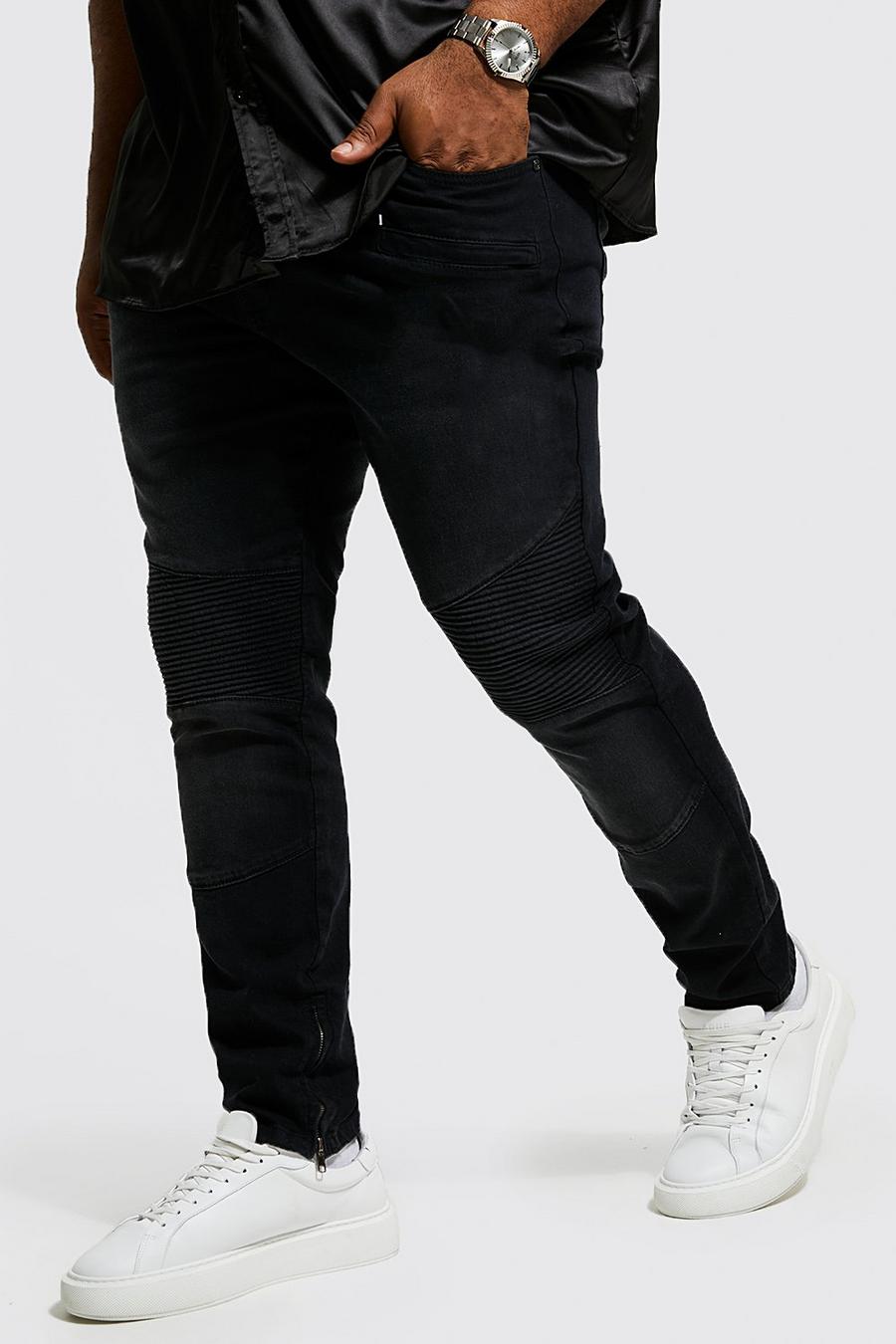 Jeans Plus Size Skinny Fit stile Biker con zip sul fondo, Black nero