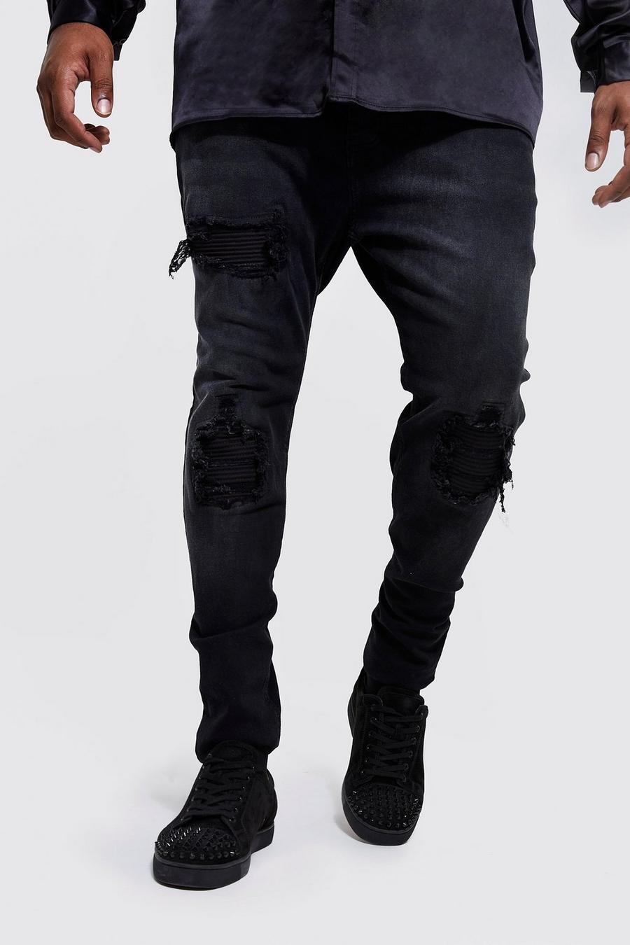 Jeans Plus Size Skinny Fit con dettagli stile Biker e strappi & rattoppi, Black image number 1
