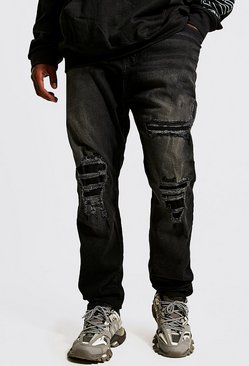 HTOOHTOOH Mens Fashion Patches Moto Biker Jeans Straight-Leg Denim Pants Trousers 