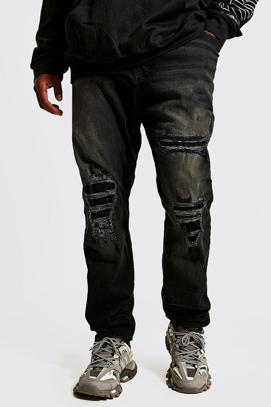 Black Plus Skinny Jeans With Cord Biker Repair