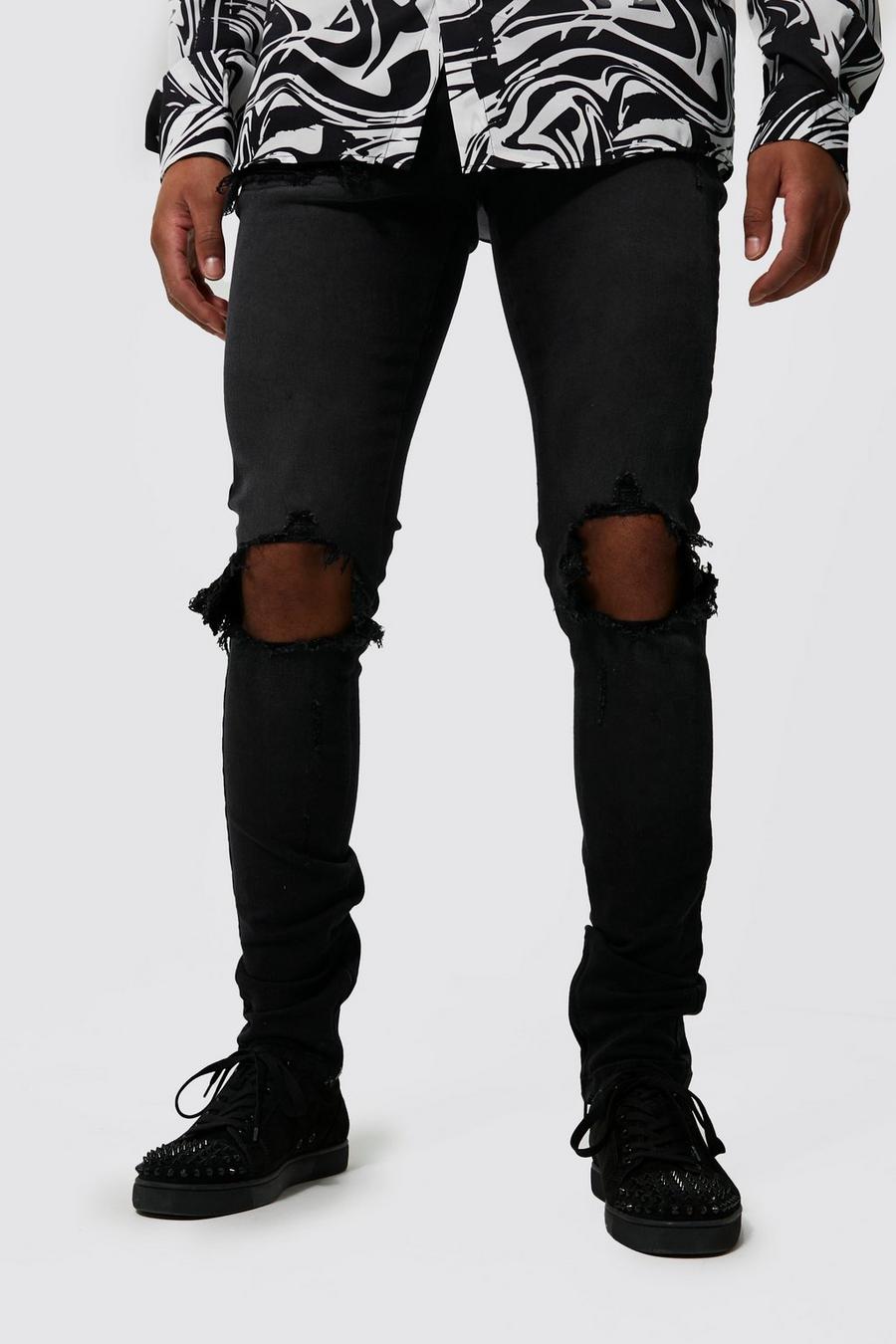 Jeans Tall Skinny Fit effetto consumato con dettagli stile Biker, Black image number 1