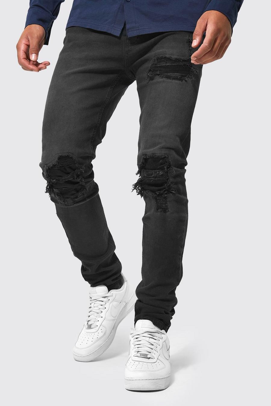 Jeans Tall Skinny Fit con rattoppi stile Biker in velluto a coste, Black image number 1