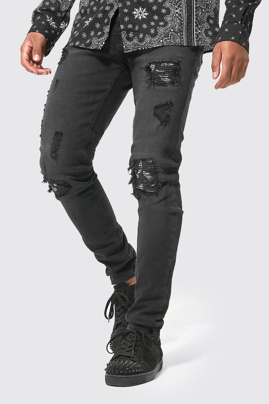 Black Tall Skinny Jeans With Bandana Biker Detail image number 1