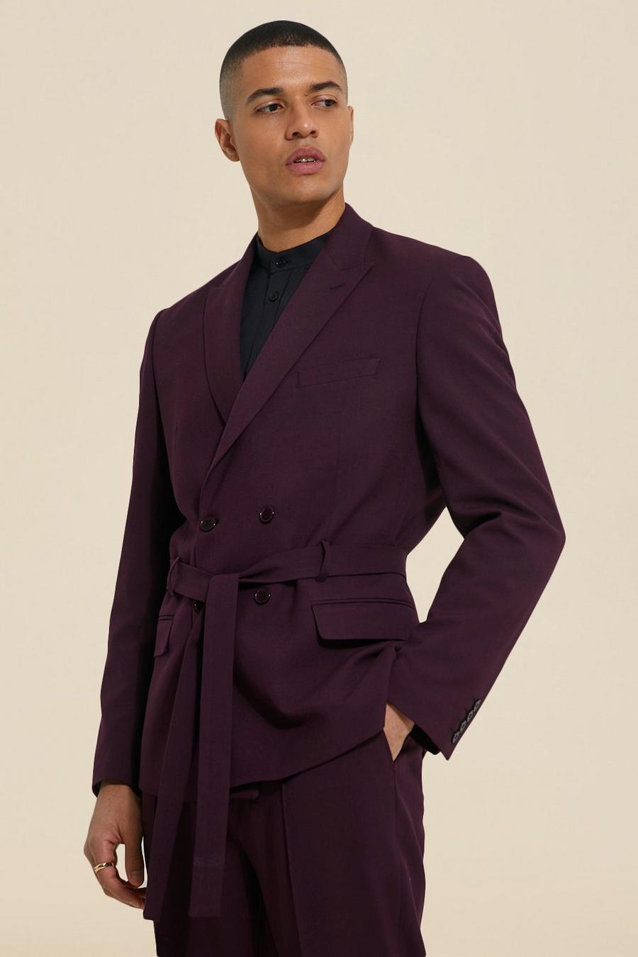 Purple Relaxed Double Breasted Suit Jacket With Belt image number 1