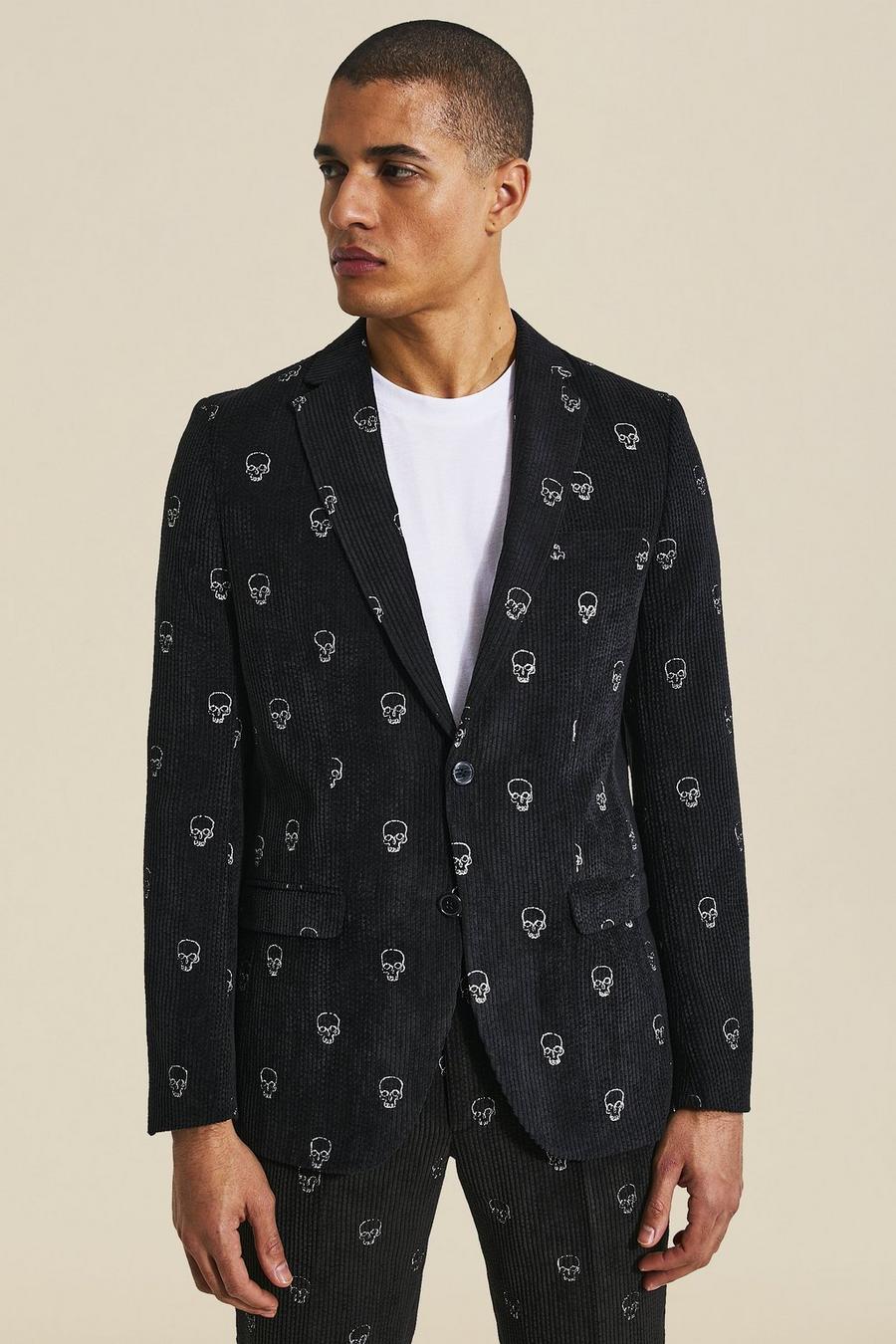 שחור ז'קט חליפה מקטיפה וקורדרוי בגזרה צרה עם רקמת גולגולת image number 1