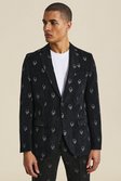 Black Slim Velvet Cord Embroidery Skull Suit Jacket