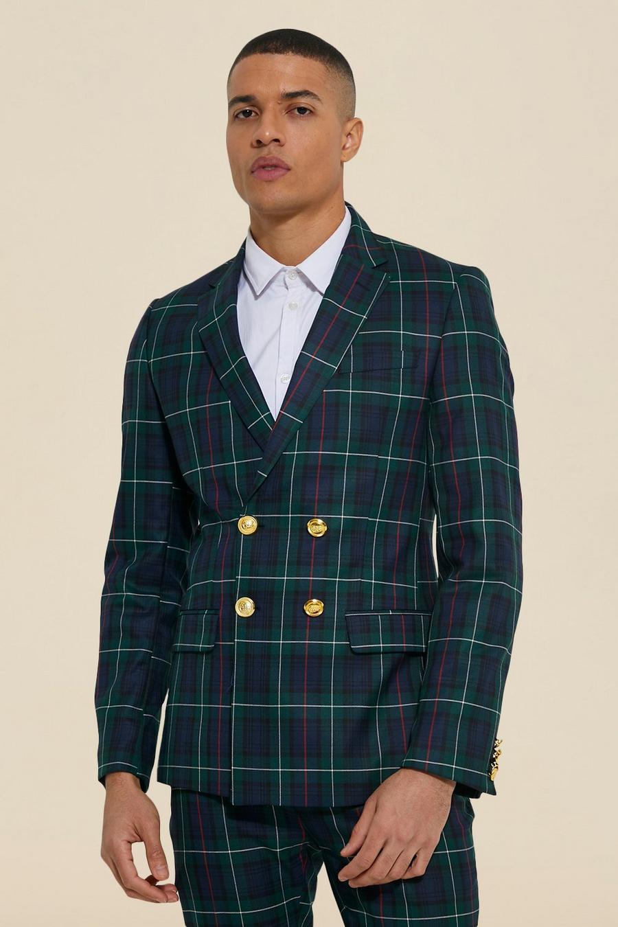 Navy Skinny Double Breasted Tartan Suit Jacket image number 1