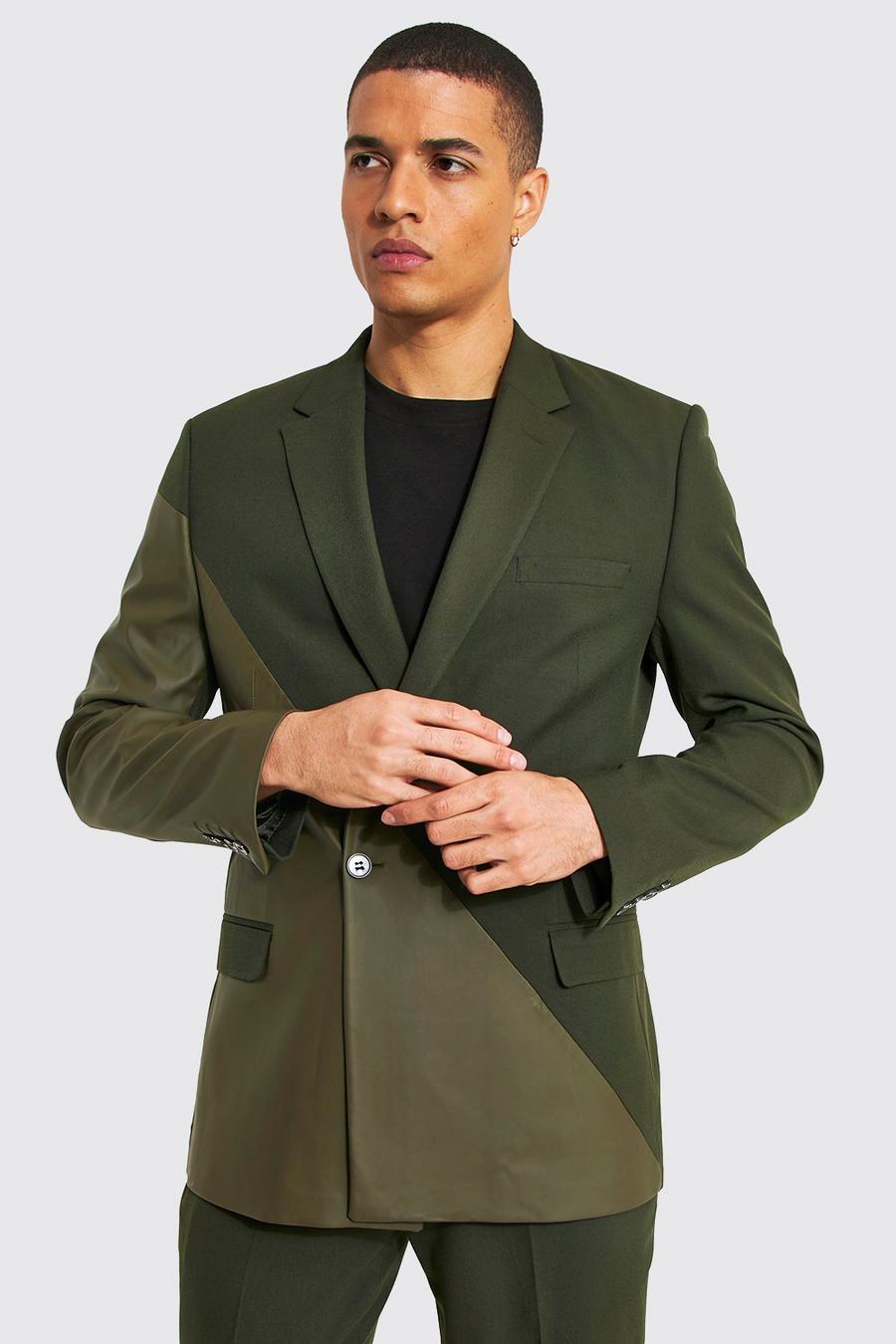 Khaki Slim Double Breasted Pu Spliced Suit Jacket image number 1