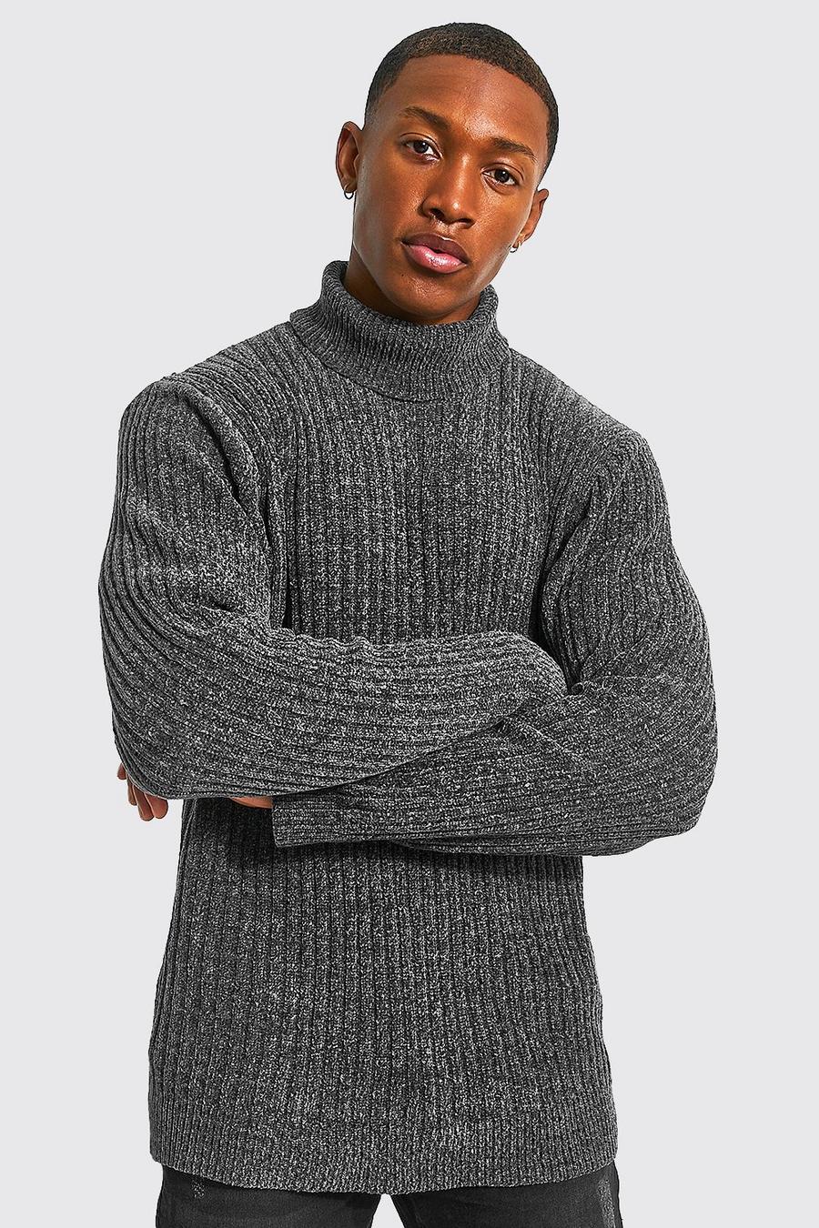 Charcoal gris Regular Roll Neck Chenille Ribbed Jumper
