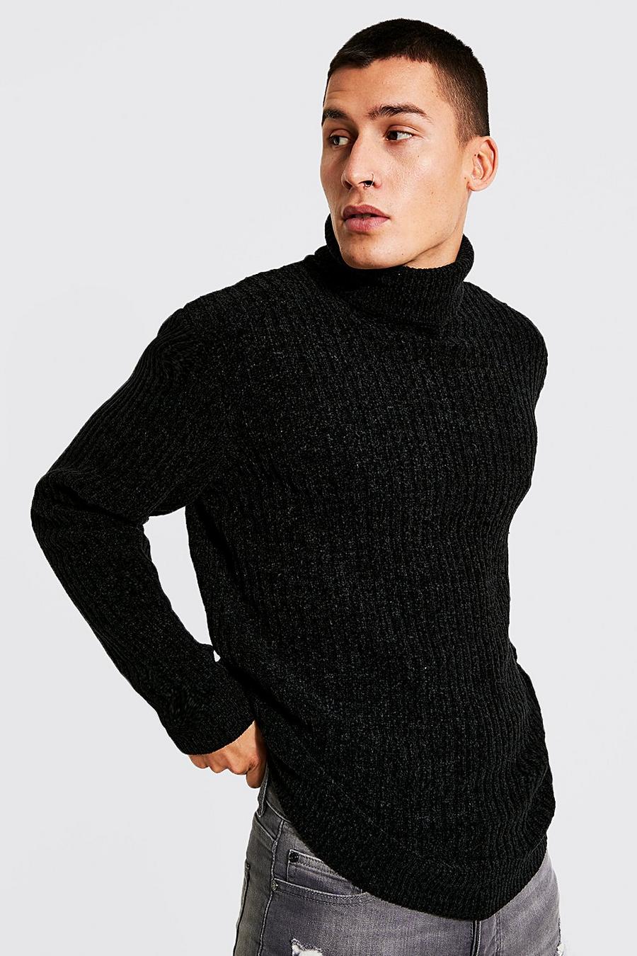 Black סוודר בגזרה רגילה ובאריגת שניל עם צווארון נגלל image number 1