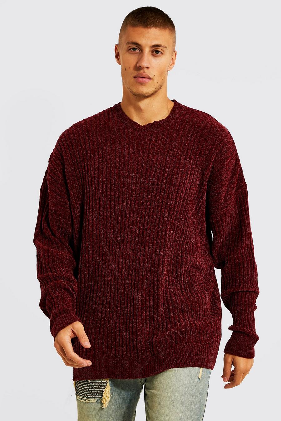 Burgundy rosso Oversized Ribbed Chenille Crew Neck Jumper image number 1