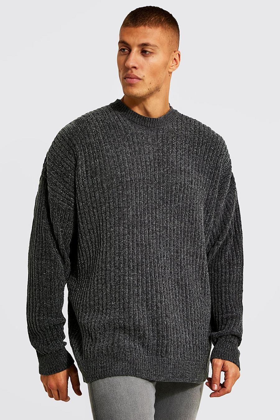 Charcoal Oversized Ribbed Chenille Crew Neck Jumper image number 1