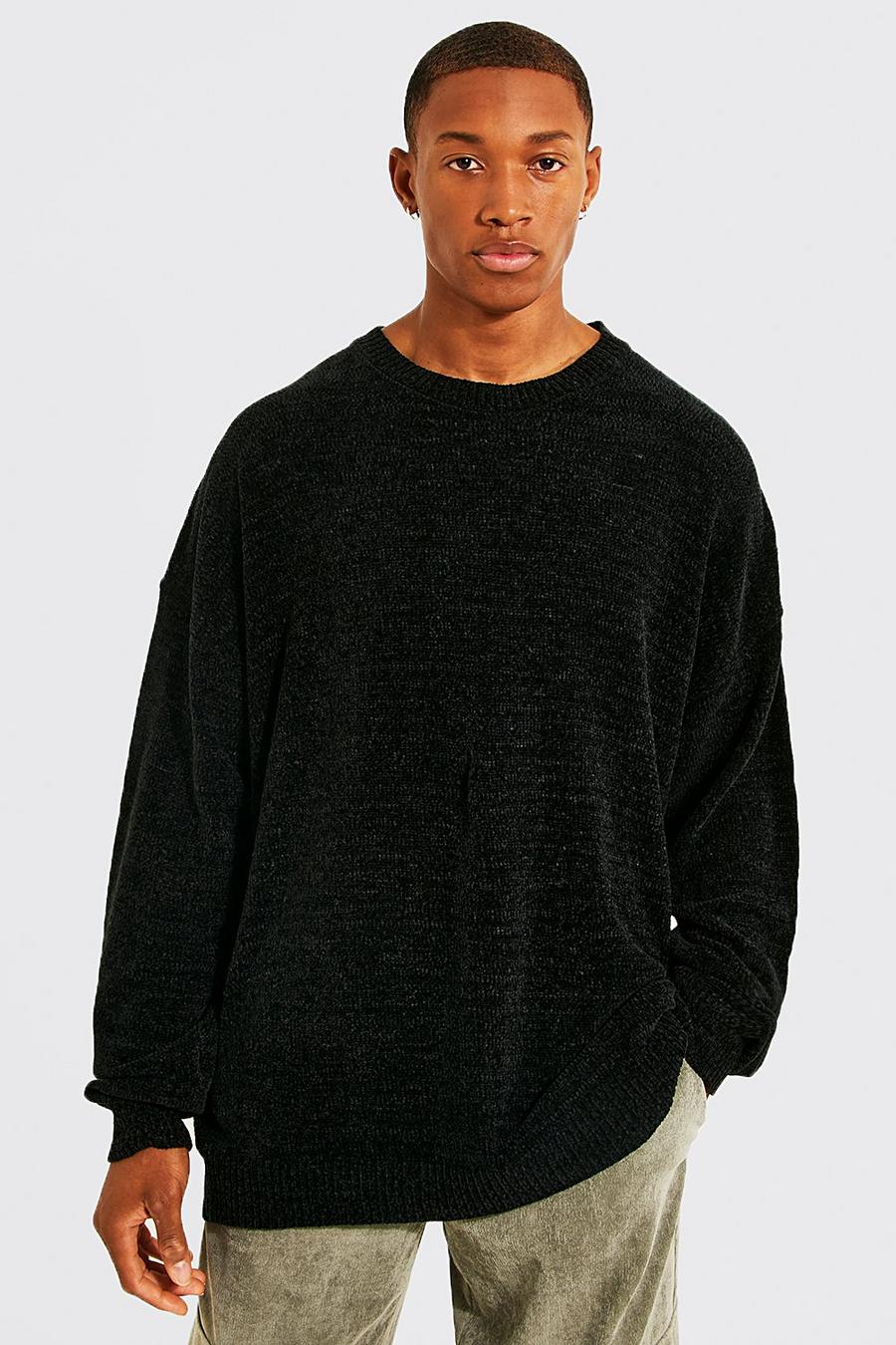 Black סוודר אוברסייז בסריגת שניל עם צווארון עגול image number 1