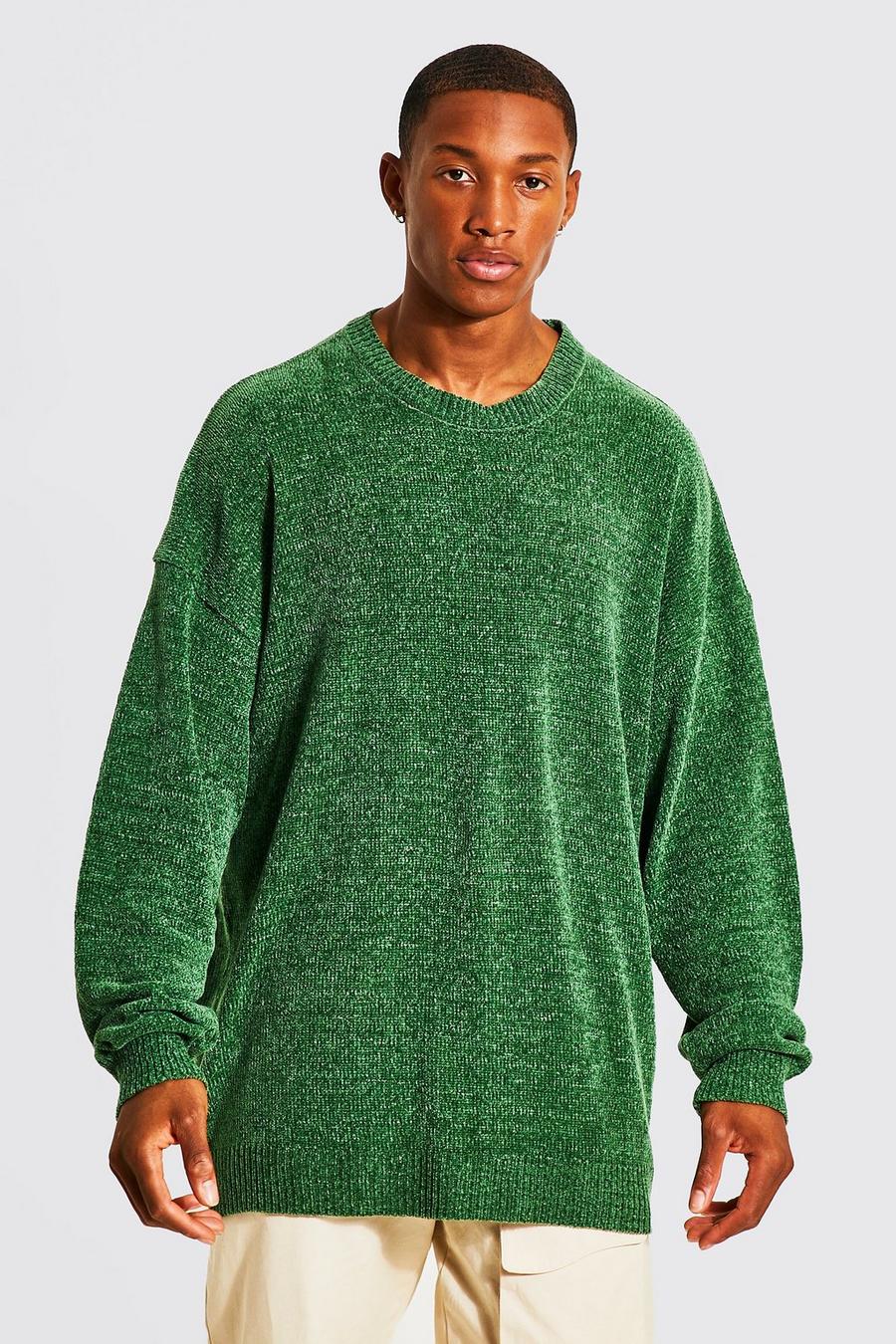Green סוודר אוברסייז בסריגת שניל עם צווארון עגול image number 1