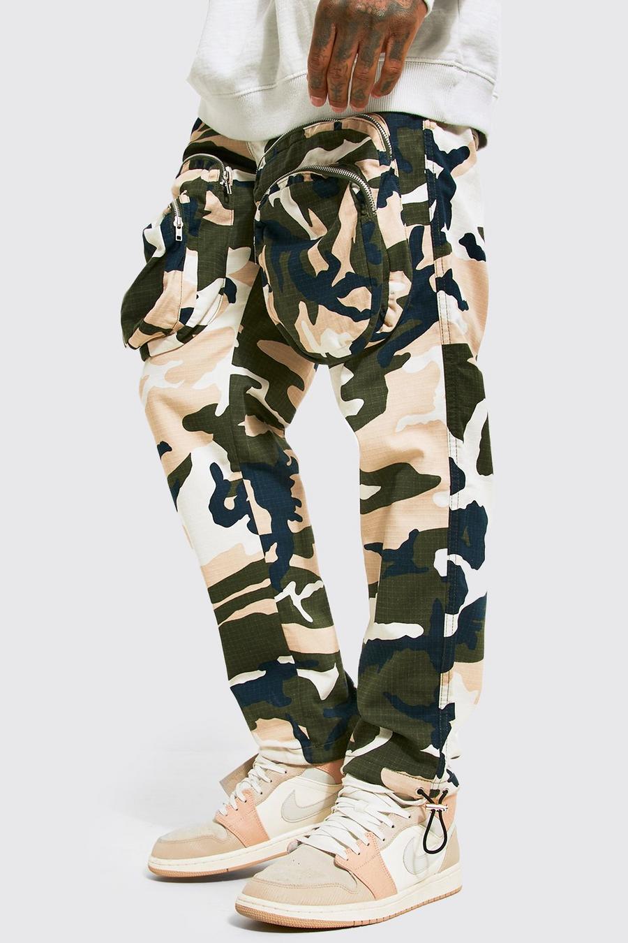 Stone Straight Leg Ripstop Zip Camo Cargo Trousers image number 1