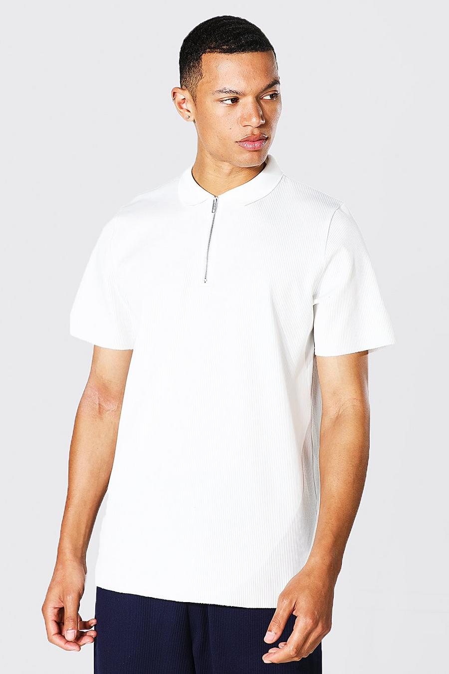 White Tall Slim Fit Pleated Zip Neck Polo image number 1