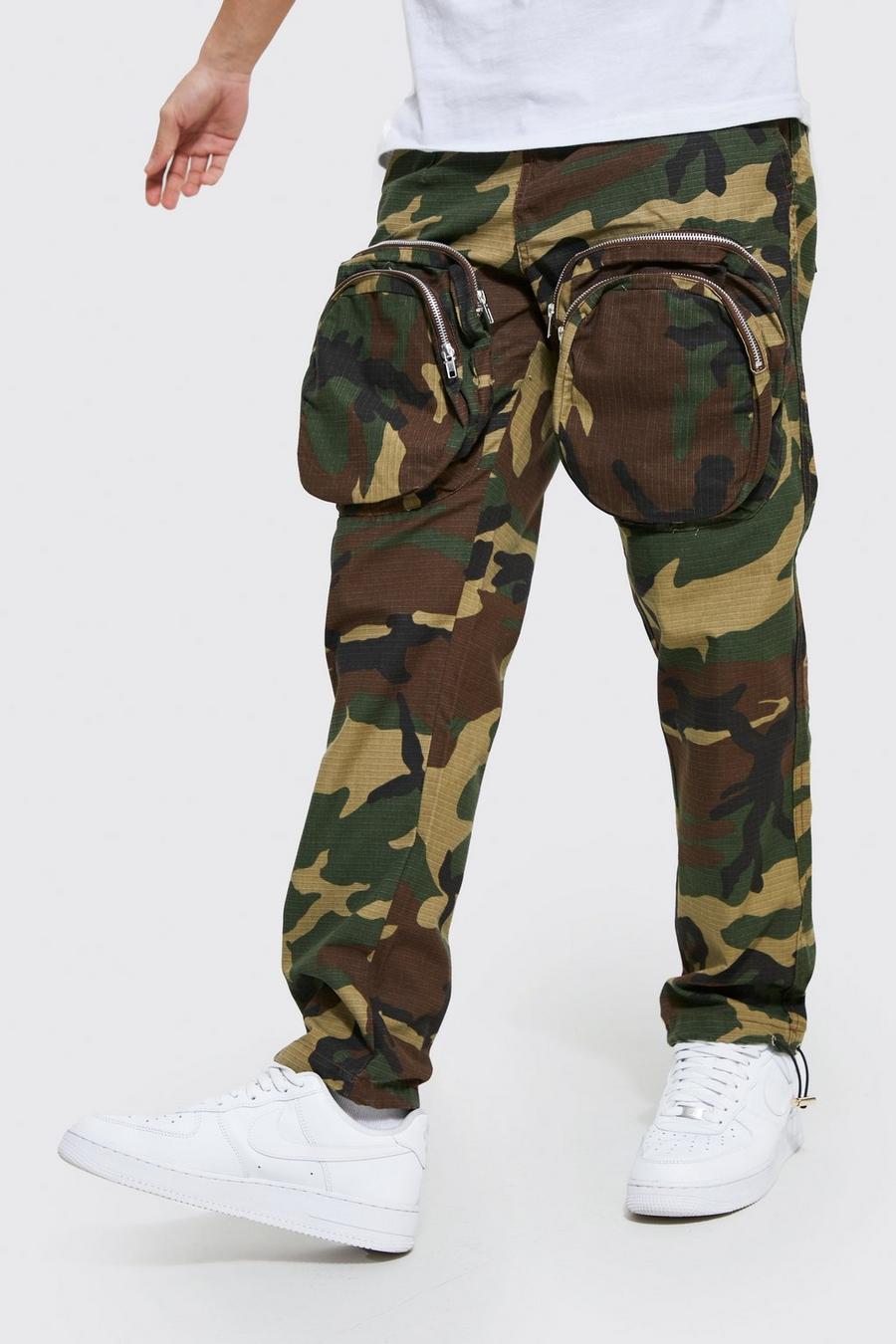 Straight Leg Ripstop Zip Camo Cargo Trousers image number 1