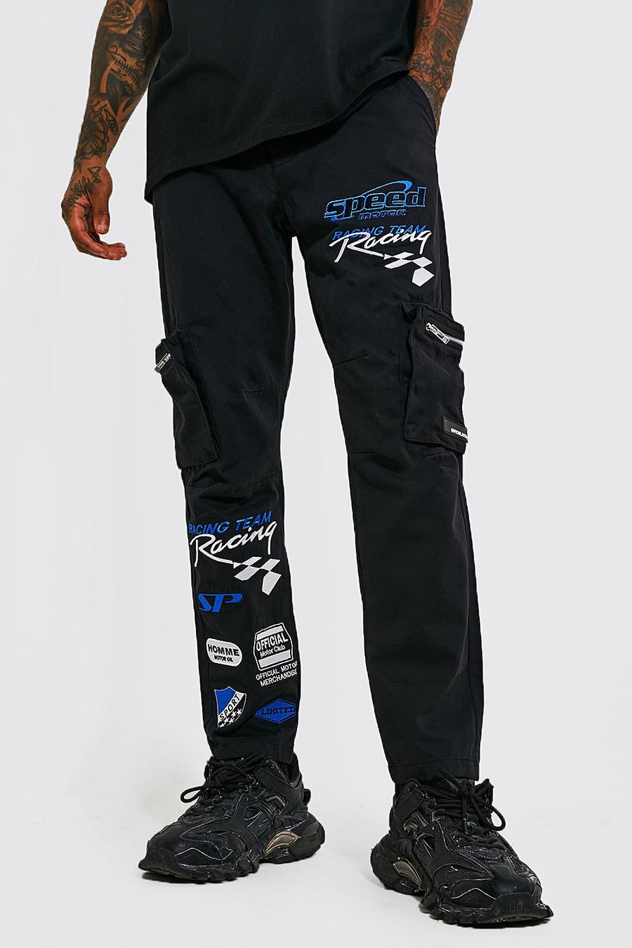 Black Straight Leg Motocross Cargo Trousers image number 1