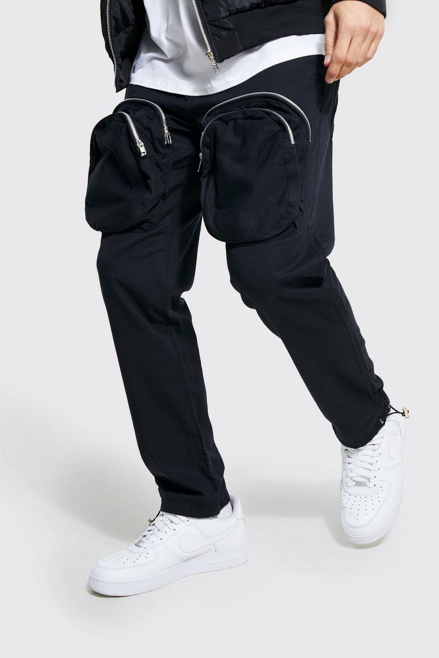 Black Straight Leg Ripstop Zip Pocket Cargo Trouser image number 1