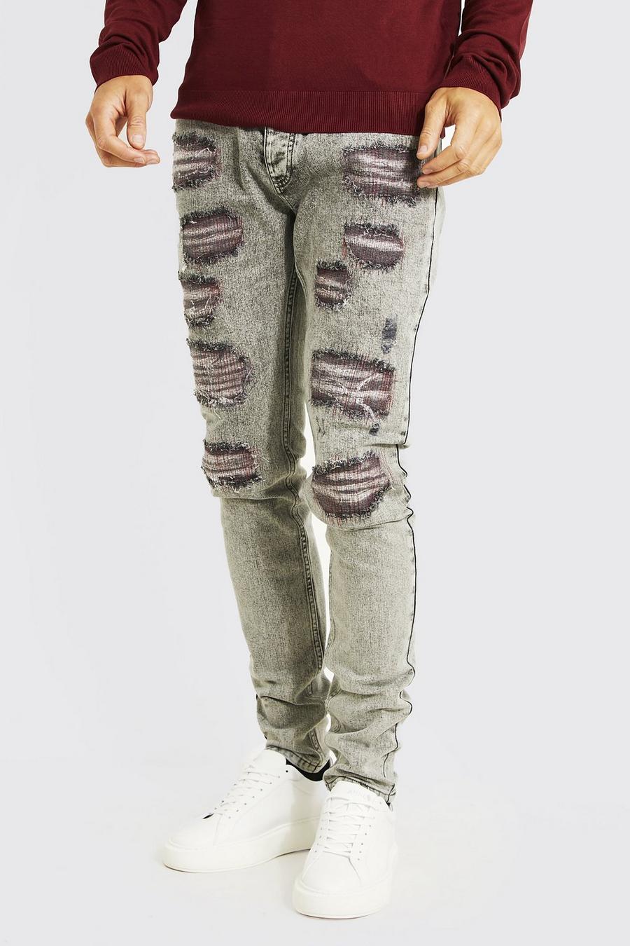 Ice grey Tall - Skinny jeans med stretch, slitage och lagningar image number 1