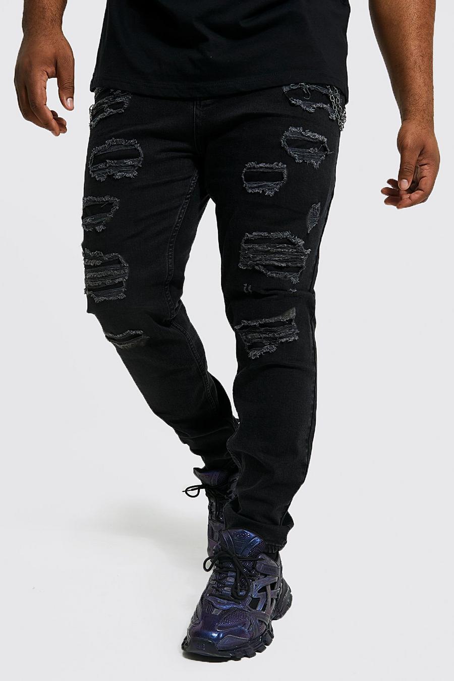 Jeans Plus Size Super Skinny Fit effetto consumato con catena, True black