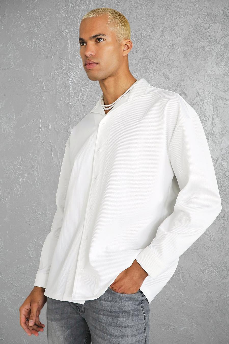 White Pleated Long Sleeve Revere Shirt image number 1