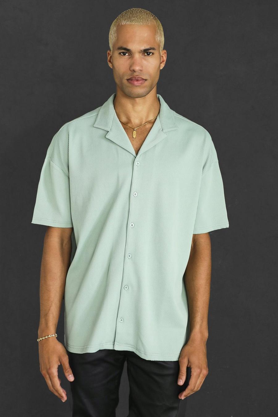 Sage Pleated Oversized Short Sleeve Revere Shirt image number 1