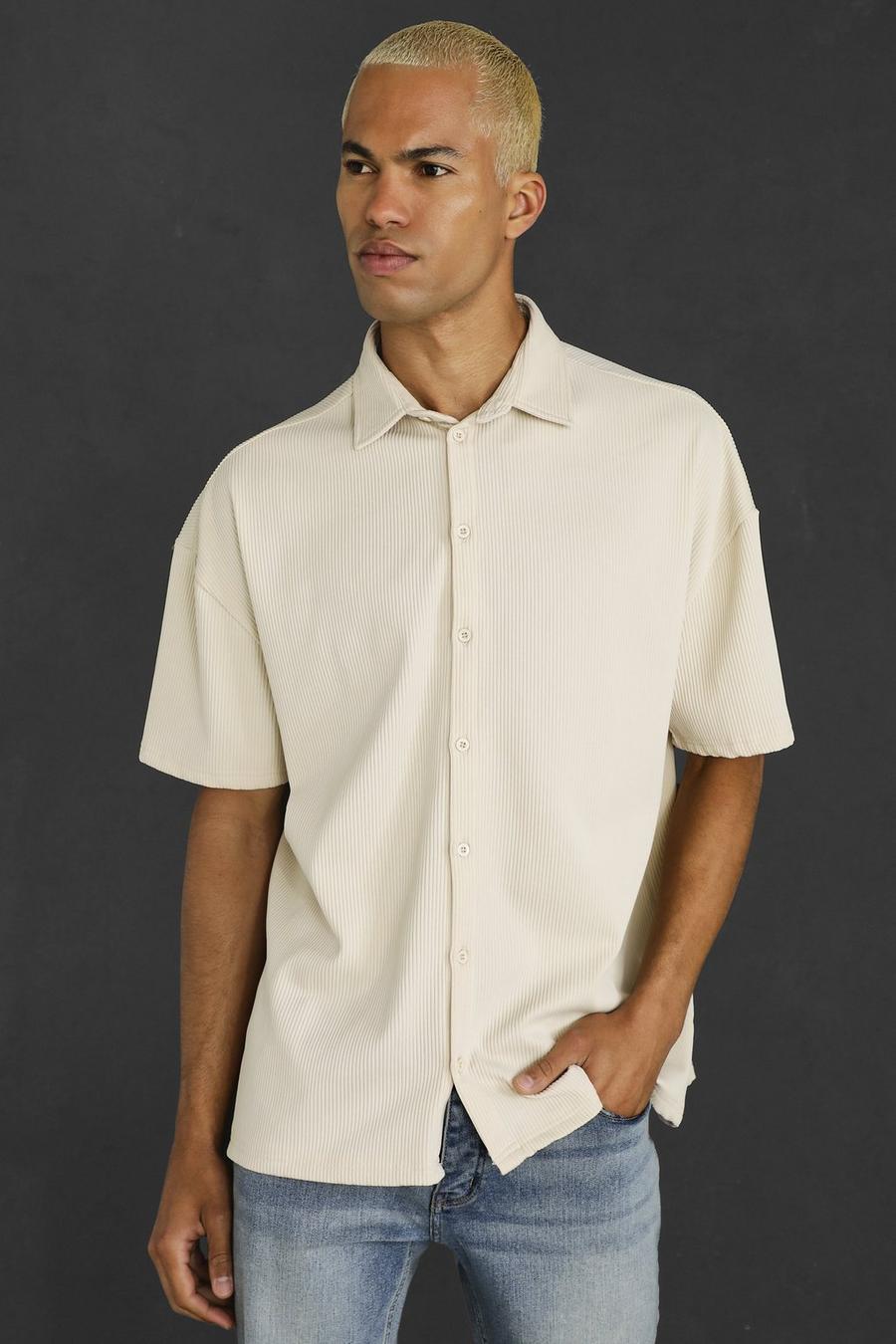 Taupe Oversize plisserad kortärmad skjorta image number 1