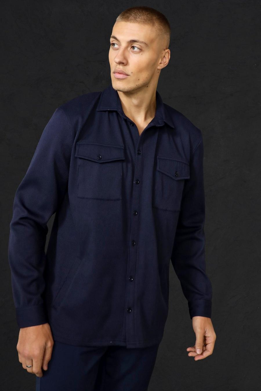 Navy Pleated Button Through Shirt Jacket image number 1