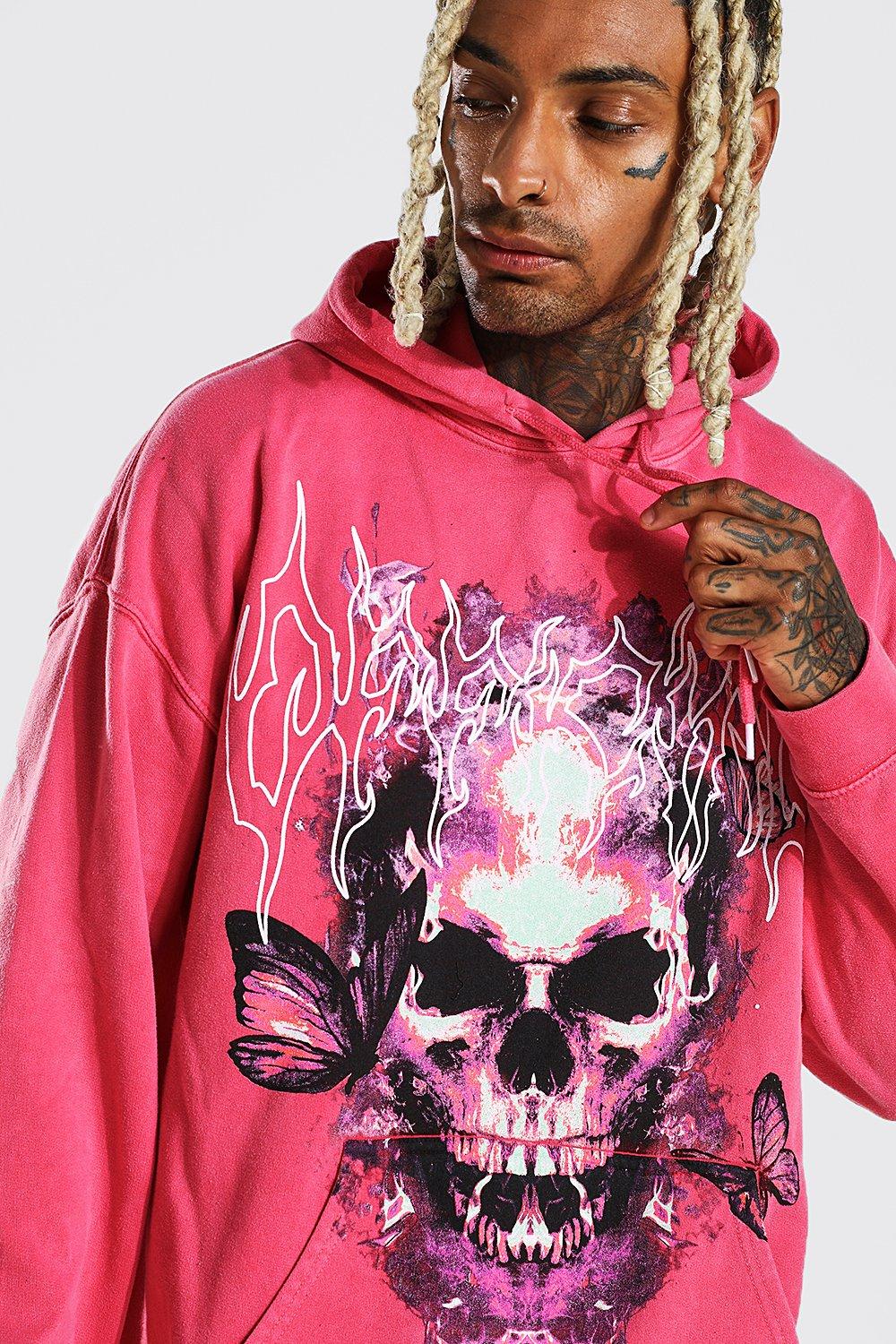 Oversized Skull Graphic Overdye Hoodie boohoo