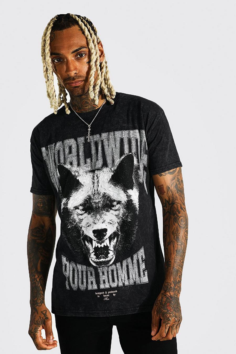 Oversize T-Shirt mit Wolf-Grafik in Batik-Optik, Schwarz image number 1