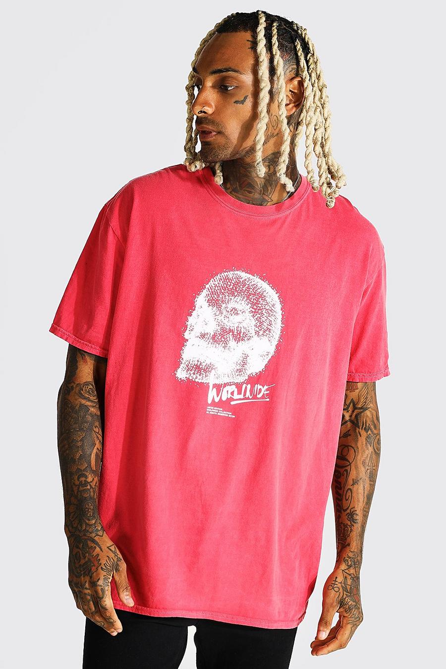 Red Oversized Skull Graphic Overdye T-shirt image number 1