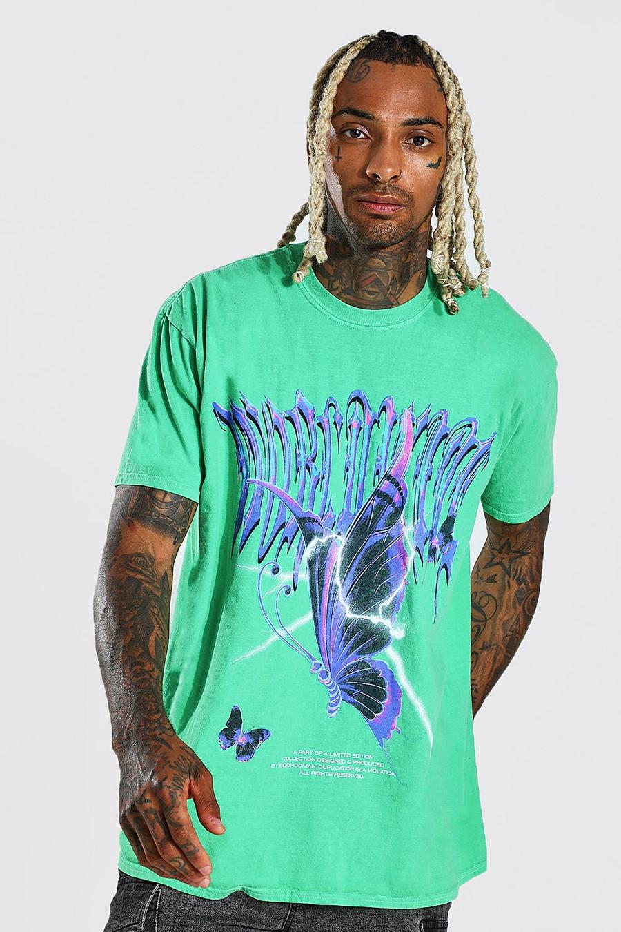 Camiseta oversize sobreteñida con estampado gráfico de mariposa, Green image number 1