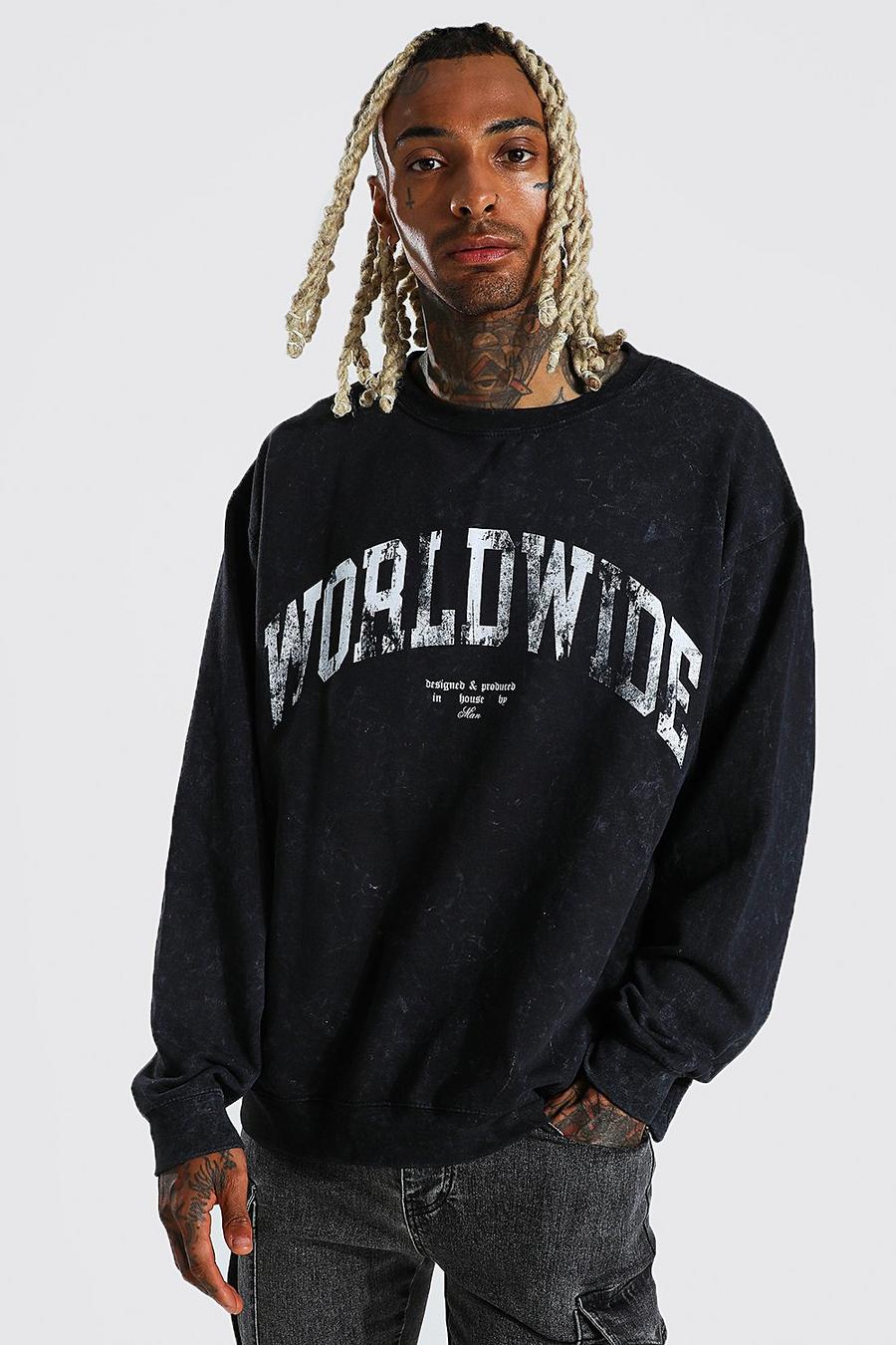 Black Oversized Worldwide Acid Wash Sweatshirt image number 1
