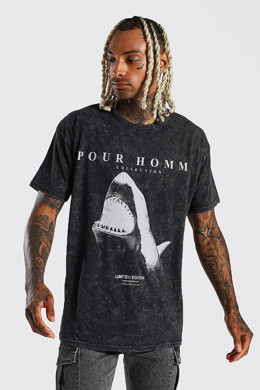 Black Oversized Shark Graphic Acid Wash T-shirt image number 1