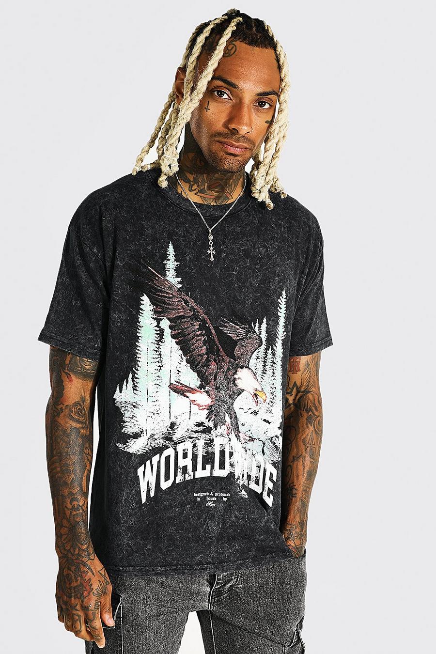 Camiseta oversize con lavado de ácido y estampado gráfico de águila, Black image number 1