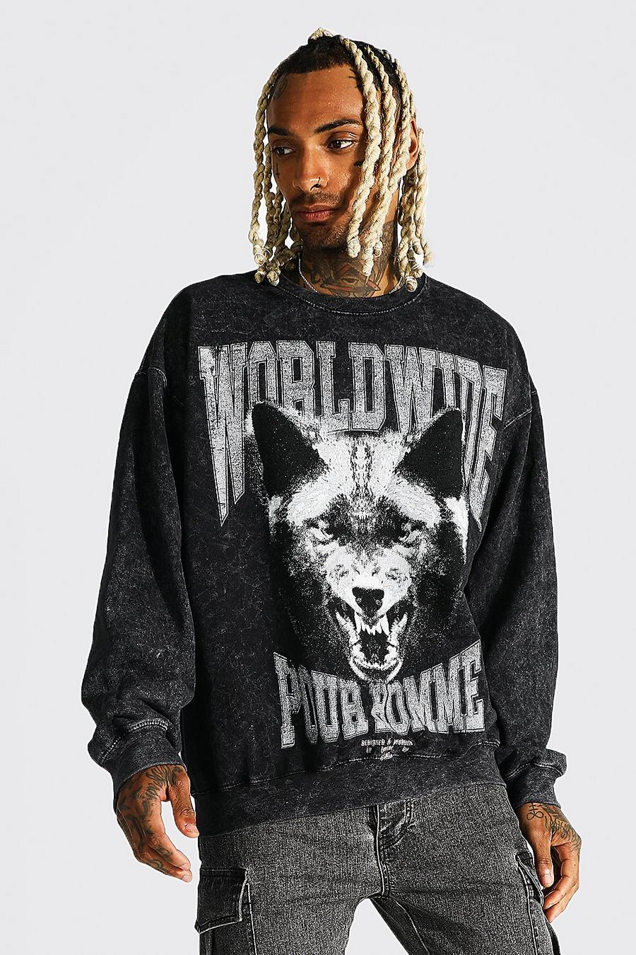 Oversize-Sweatshirt mit Batik-Effekt und Wolf-Grafik, Schwarz image number 1