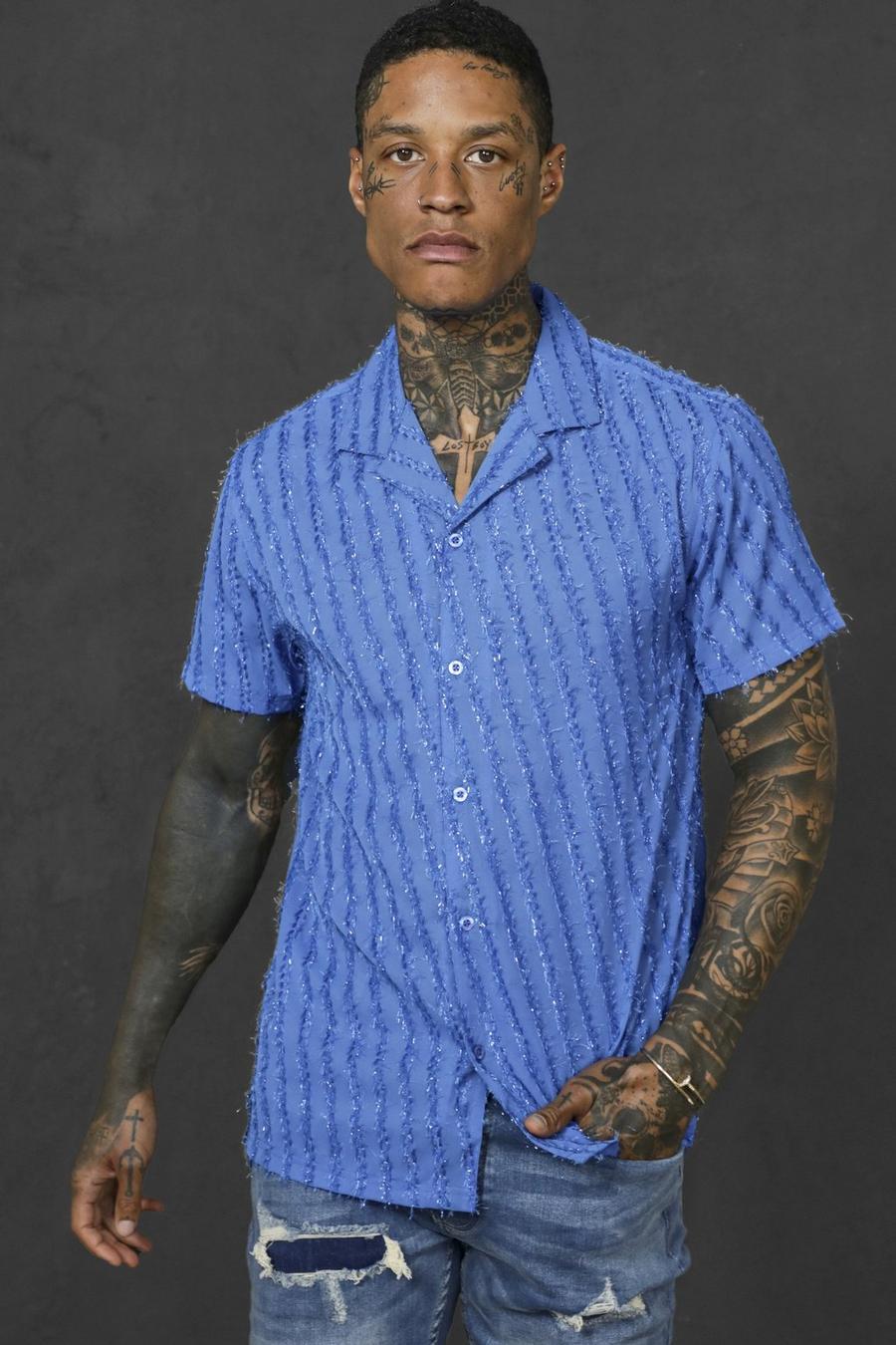 Blue Short Sleeve Revere Textured Shirt image number 1
