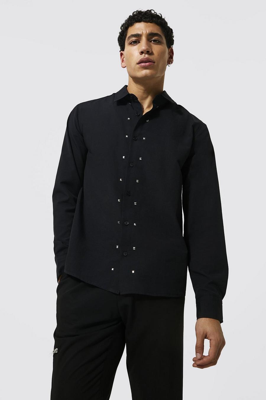 Camisa de popelina y manga larga con tachuelas, Black image number 1