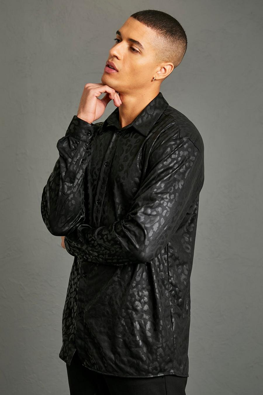 Camisa oversize de manga larga y raso con estampado de leopardo, Black image number 1