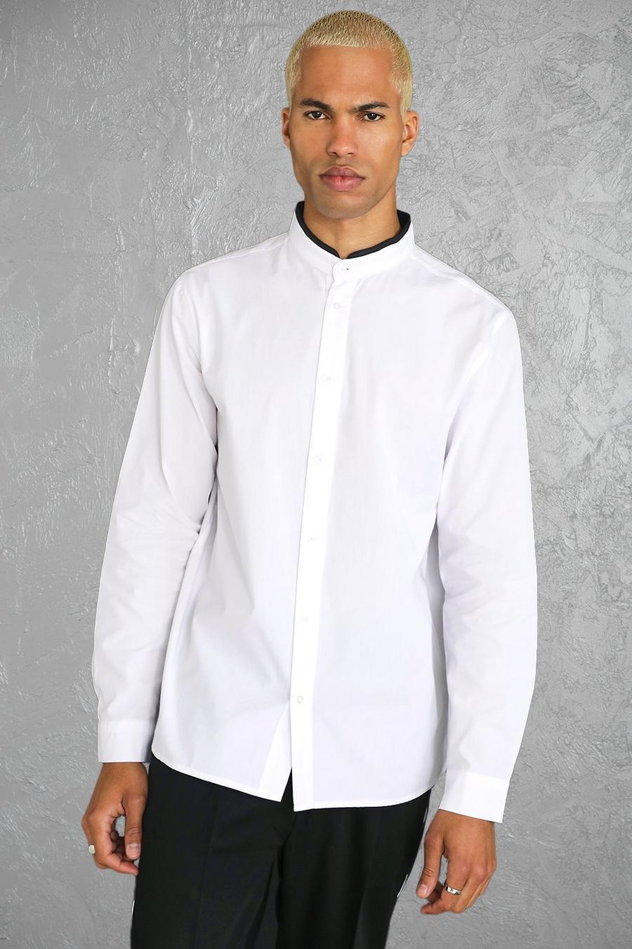 White Long Sleeve Pu Collar Poplin Shirt image number 1