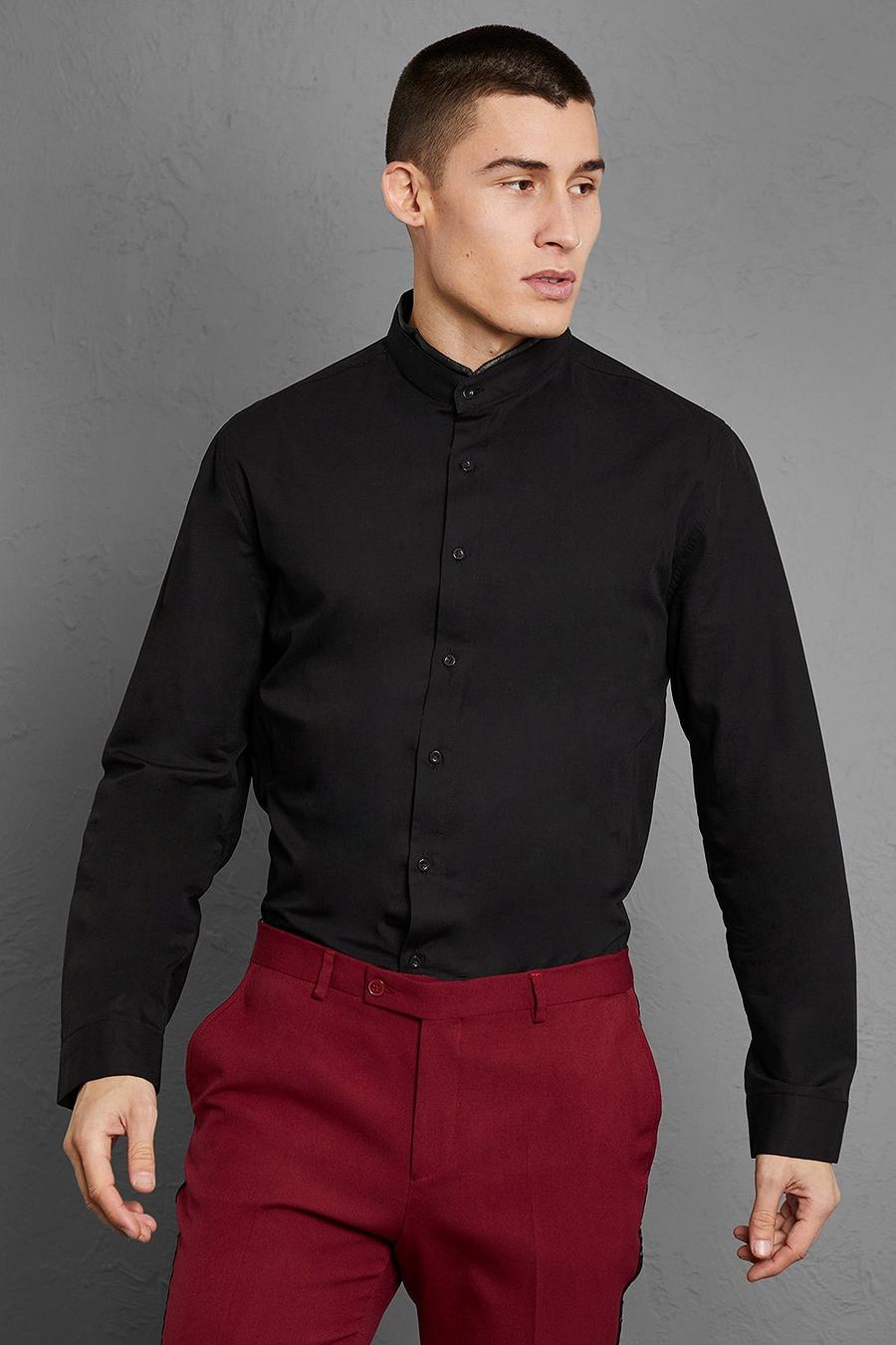 Black Long Sleeve Pu Collar Poplin Shirt image number 1