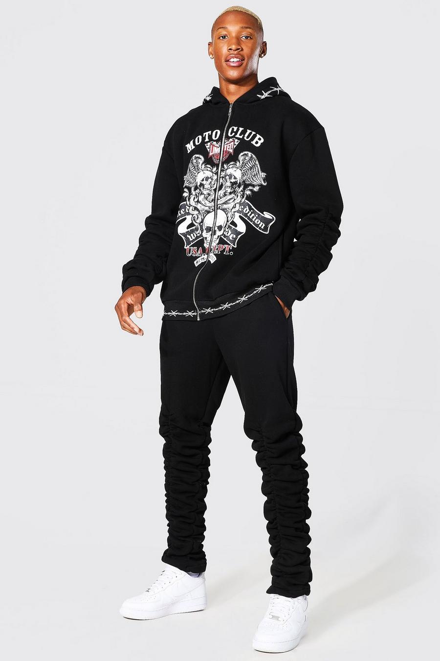 Black Motoclub Ruched Zip Through Hooded Tracksuit image number 1