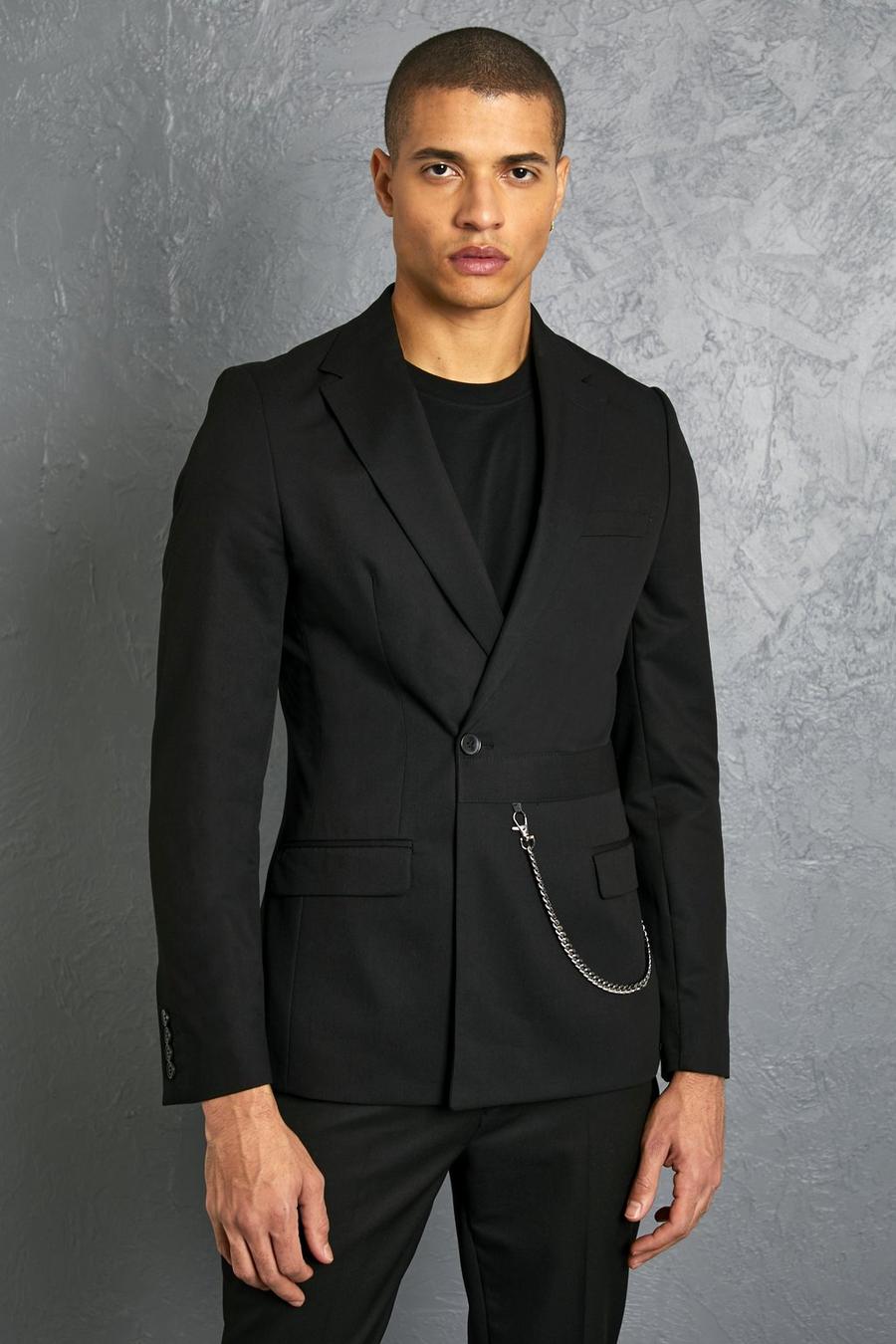 Black noir Double Breasted Skinny Blazer With Chain