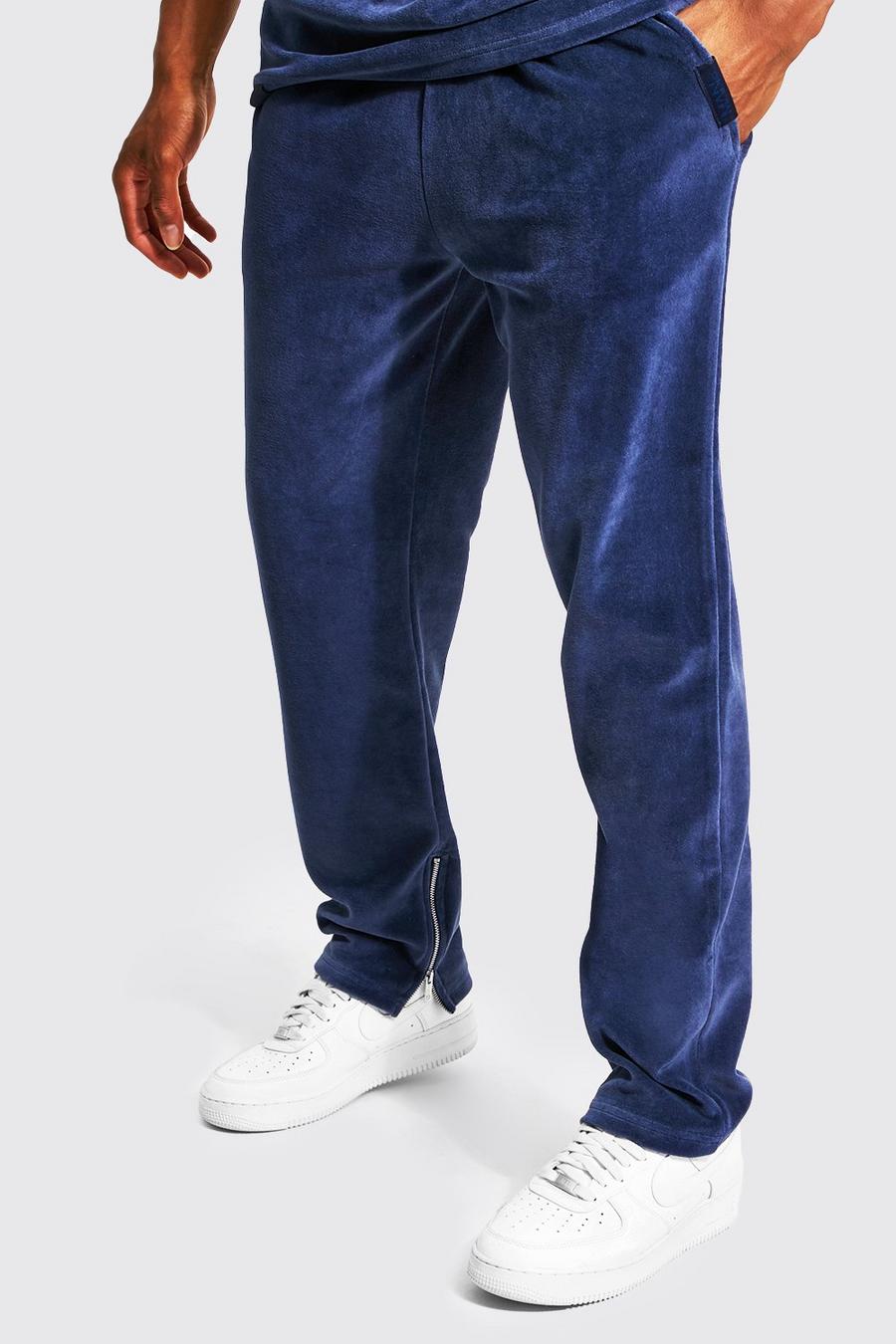 Navy Slim Fit Velour Joggers With Zips image number 1
