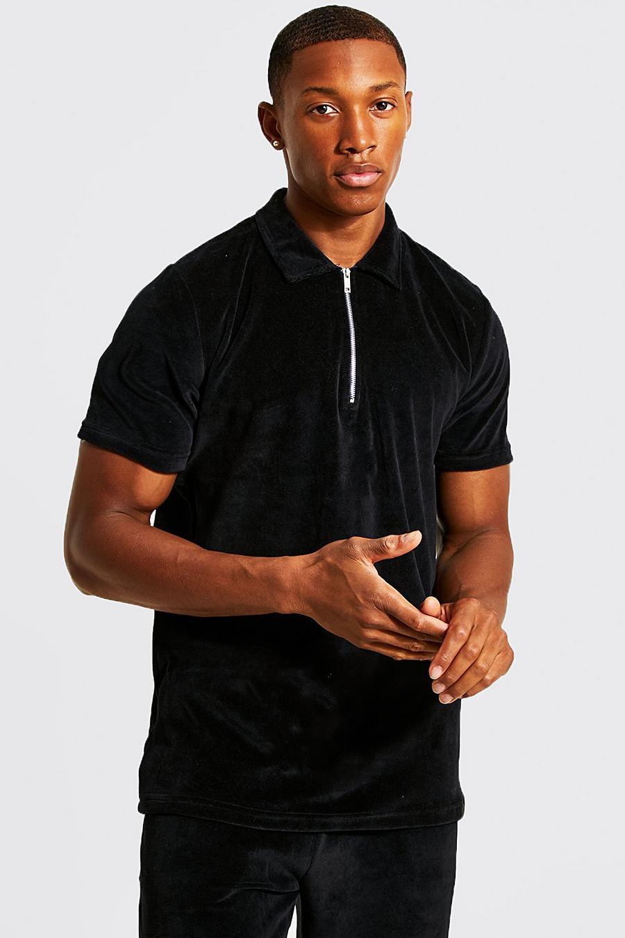 שחור חולצת פולו מבד דמוי קטיפה בגזרה צרה עם רוכסן בצווארון image number 1