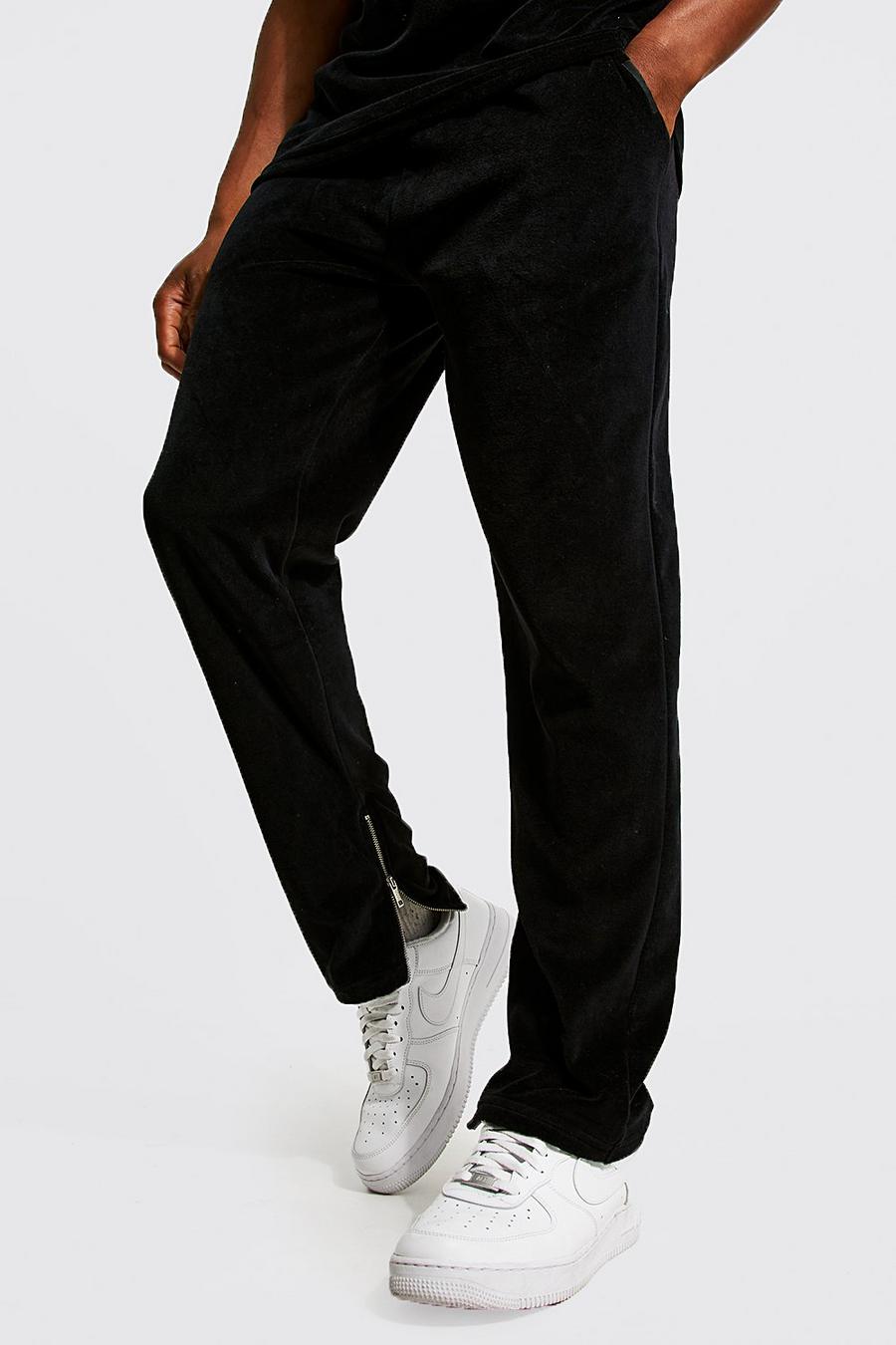 Black Slim Fit Velour Joggers With Zips image number 1