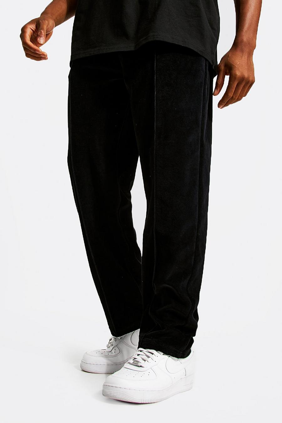 Pantaloni tuta a gamba ampia in velours con nervature, Black image number 1