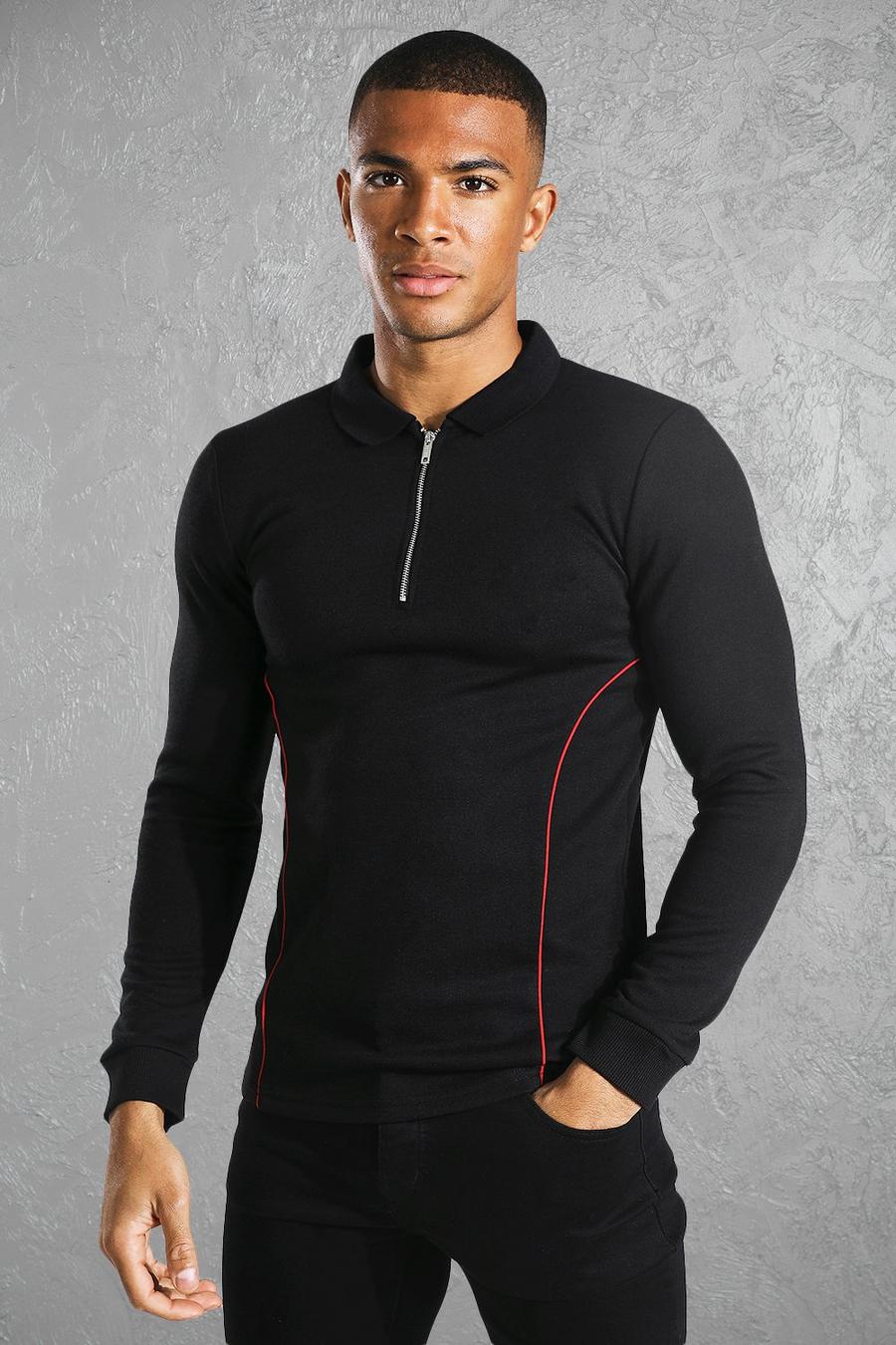 Black Muscle Fit Long Sleeve Scuba Polo image number 1