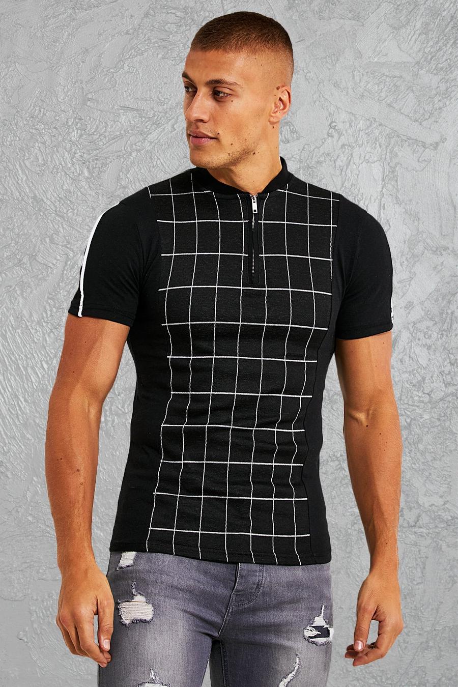 שחור חולצת פולו בגזרה צמודה עם פאנל, עם הדפס משבצות וצווארון בומבר מסדרת Man image number 1